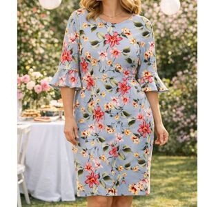 Shelby & Palmer Floral Bell Sleeve Dress 16 Blue Pink | Wedding Guest Boho Mod